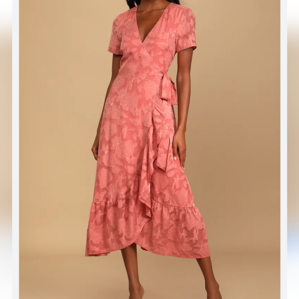Lulu's , Blissfully,floral jacquard Rusty Rose,Wrap Dress.Small - Picture 10 of 12